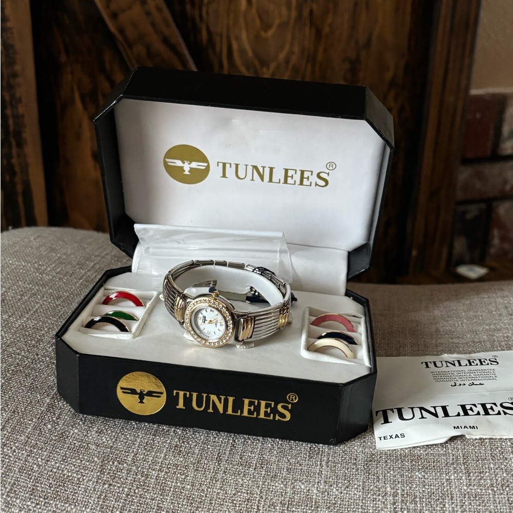 TUNLEES Gold and Silver Watch with Interchangeable Bezels
